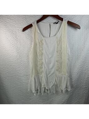 American Eagle Outfitters Off White Peplum Tank With Lace Trim & Embroidery L